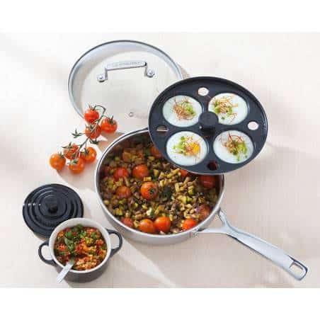 Le Creuset 3-lagige unbeschichtete Edelstahl-Sauté-Pfanne mit Pochiereinsatz - Mimocook