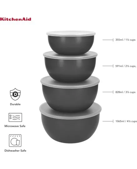 Set de taças preparação KitchenAid com tampas Cinzento - Mimocook