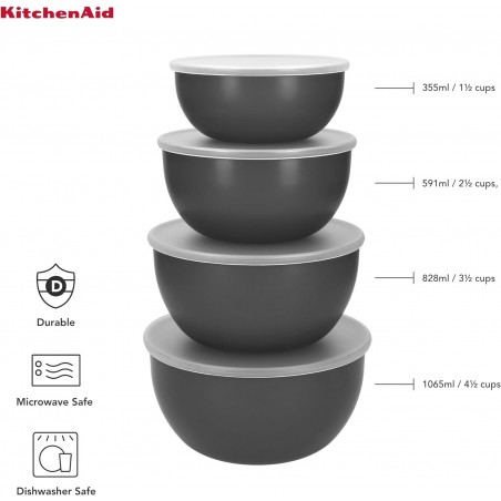 KitchenAid 4er-Set Schüsseln mit Deckel für die Zubereitung von Mahlzeiten - Holzkohlegrau