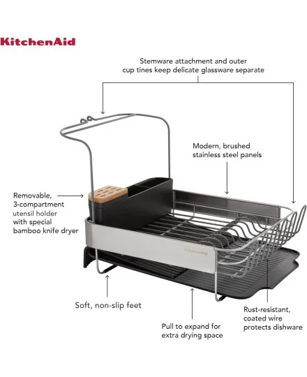 Escorredor de louça expansível KitchenAid com acessório para copos - Mimocook