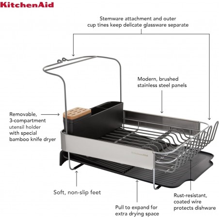 Escorredor de louça expansível KitchenAid com acessório para copos - Mimocook