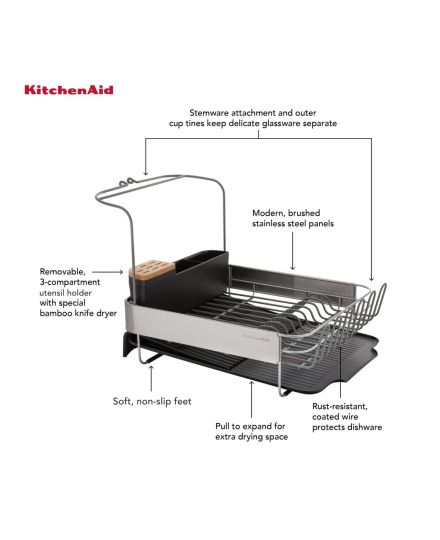 KitchenAid Escurridor de Vajilla Extensible con Soporte para Copas Gris Charcoal | KitchenAid | Mimocook