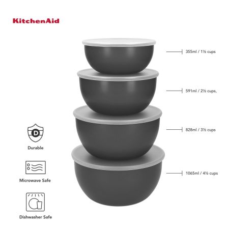 KitchenAid Set de 4 Cuencos de Preparación con Tapas Gris Charcoal | KitchenAid | Mimocook