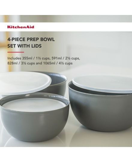 KitchenAid Set de 4 Cuencos de Preparación con Tapas Gris Charcoal | KitchenAid | Mimocook
