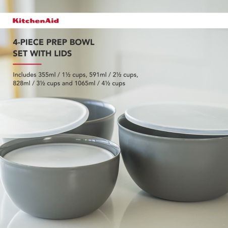 KitchenAid 4er-Set Schüsseln mit Deckel für die Zubereitung von Mahlzeiten - Holzkohlegrau | KitchenAid | Mimocook