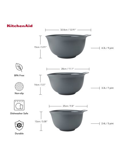KitchenAid Set de 3 Bols de Mélange Gris Charcoal | KitchenAid | Mimocook